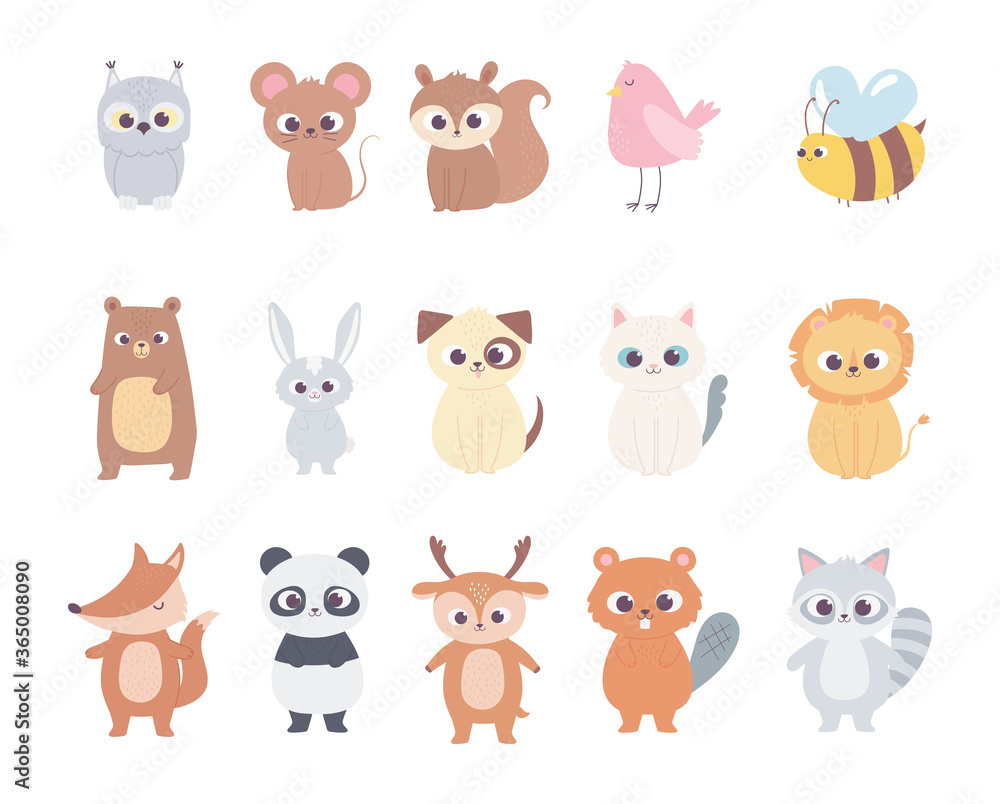 cute cartoon animals little characters owl mouse squirrel deer bird bee bear cat dog lion