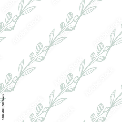 Hand drawn floral seamless pattern. Pastel green herbal branches on white background.