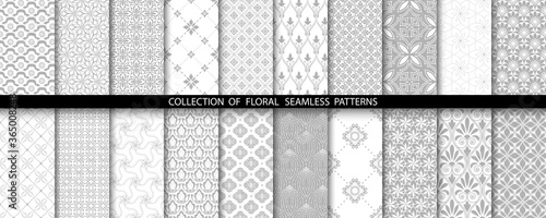 Geometric floral set of seamless patterns. Gray and white vector backgrounds. Simple illustrations.