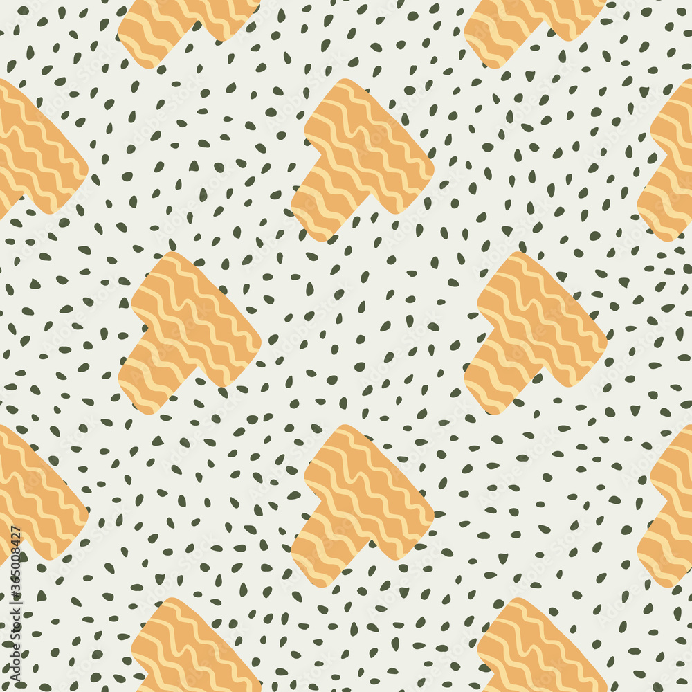 Yellow elements on white background with dark dots. Geometric seamless pattern. Yellow elements on white background with dark dots. Geometric seamless pattern.
