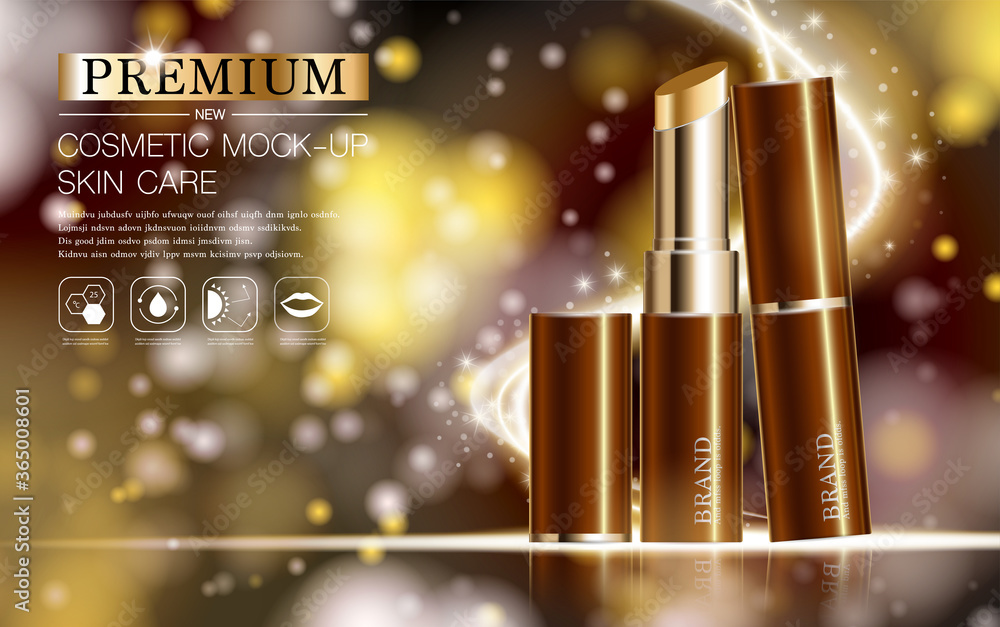 Hydrating facial lipstick for annual sale or festival sale. silver and gold lipstick mask bottle isolated on glitter particles background for product presentation. Graceful cosmetic ads, Vector. Hydrating facial lipstick for annual sale or festival sale. silver and gold lipstick mask bottle isolated on glitter particles background for product presentation. Graceful cosmetic ads, Vector.