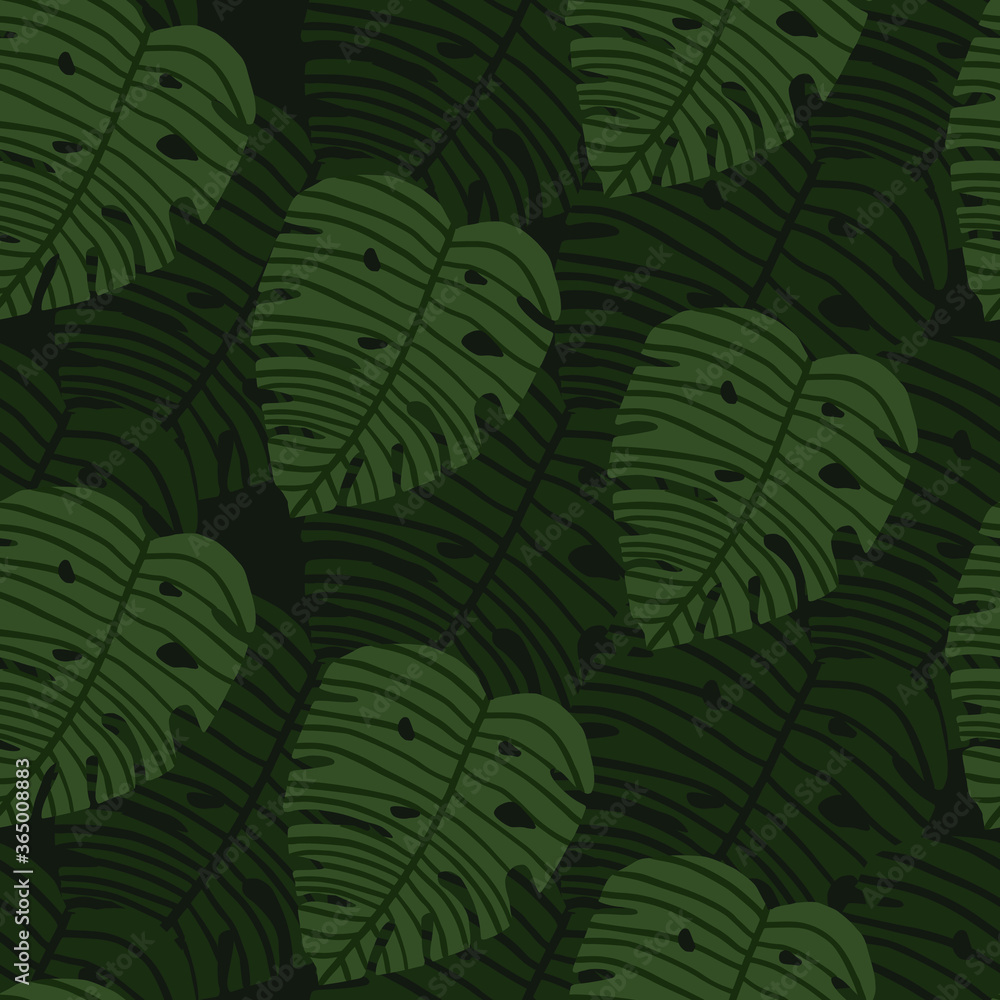 Geoetric green monstera leaves wallpaper. Botanic seamless pattern.