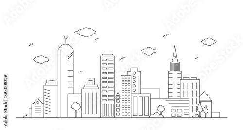Cityscape outline vector drawing illustration with skyscrapers, office buildings and urban skyline panorama.