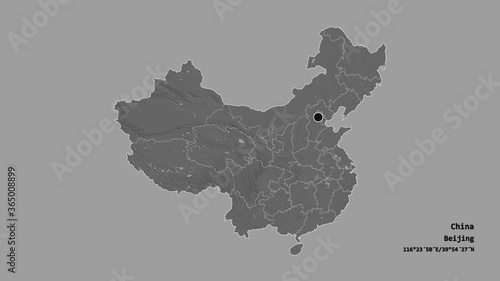 Guizhou, province of China, with its capital, localized, outlined and zoomed with informative overlays on a bilevel map in the Stereographic projection. Animation 3D photo