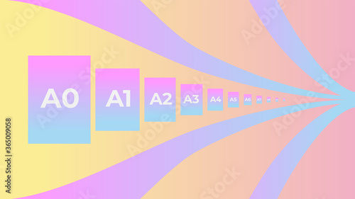 Infographic detailing the relative sizes of A Series paper, A0, A1, A2, A3, A4, A5. A6, A7, A8, A9, and A10. Vector illustration with gradient fills. Bright pink, blue, orange, yellow colour scheme.