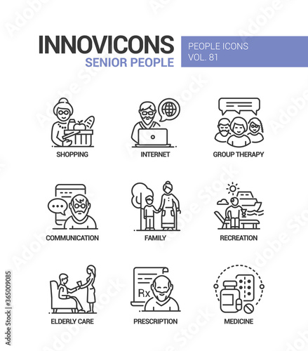 Senior people line design style icons set