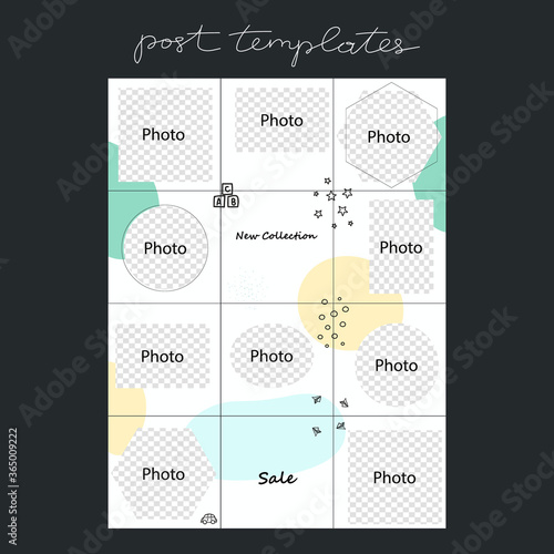 Trendy editable design backgrounds for social media banner. Set of post frame templates. Mockup for kid's shop or baby blog. Vector