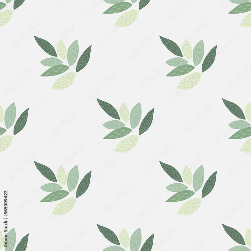 Ornament leafs seamless botanic pattern. Green elements and light background in pastel tones. Simple design.