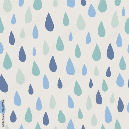 Seamless pattern with drops in scandinavian color pallette. Blue tones elements on grey background.
