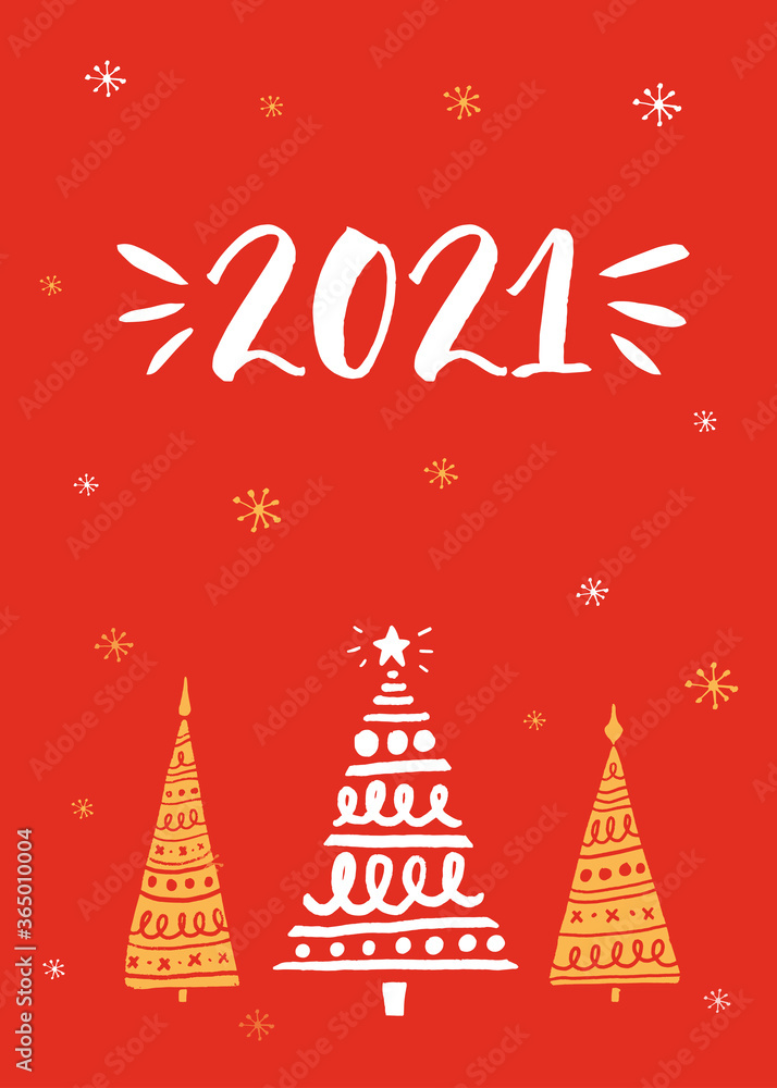 2021 year greeting card. Ink handwritten text and hand drawn Christmas trees on red background 2021 year greeting card. Ink handwritten text and hand drawn Christmas trees on red background