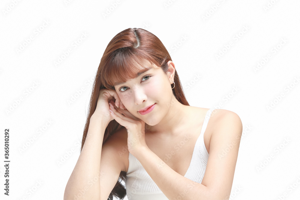 Asian Beautiful model. Beautiful Smiling girl under splash of water with fresh skin on white background. Asian Beautiful model. Beautiful Smiling girl under splash of water with fresh skin on white background.