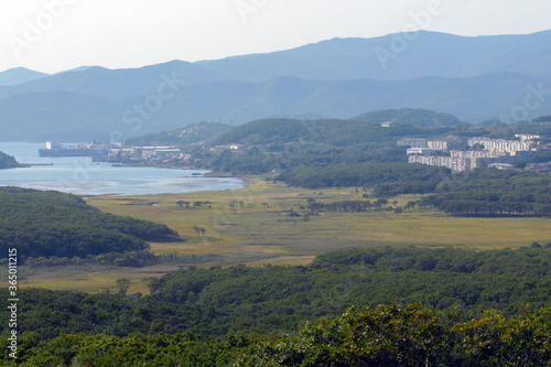 View at Preobrazhenie town and Sokolovskaya bay of Sea of Japan. Primorsky Krai, Far East, Russia.