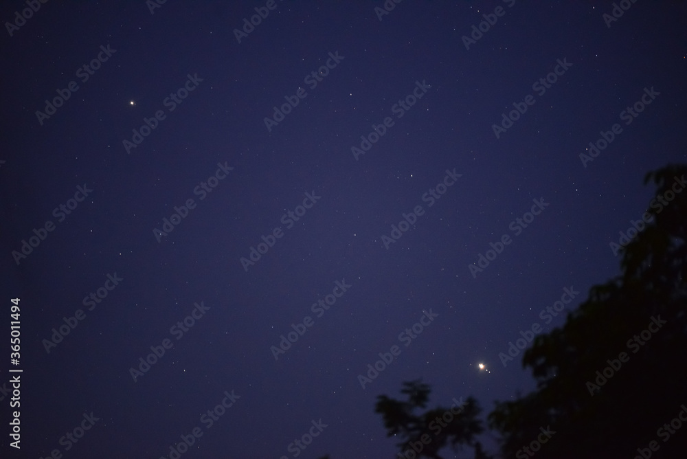 Jupiter and Saturn in the night sky with its four satellites 