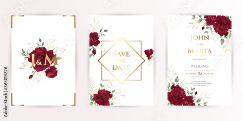 Wedding invitation set of card with red flowers rose, eucalyptus leaves. Floral Trendy templates for banner, flyer, poster, greeting. Vector illustration. eps 10