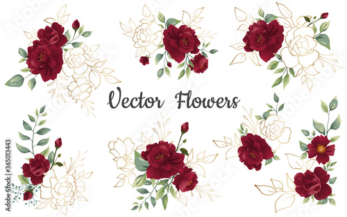 Set of Flower red rose, green leaves. Floral poster, invite. Vector arrangements for greeting card or invitation design background