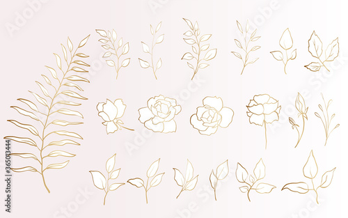 Set of golden floral elements. Gold flower and leaves. Vector arrangements for greeting card or invitation design