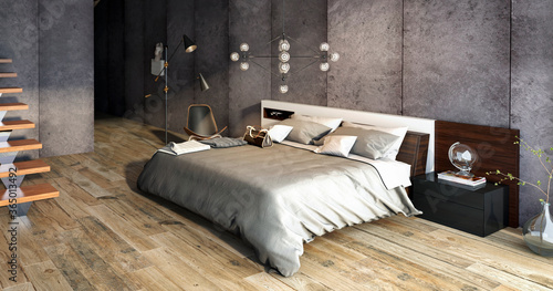 Dormitorio espacioso estilo industrial en apartamento	
 photo