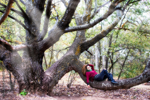 Woman lying on big tree trunk relaxing in nature with nice sun rays