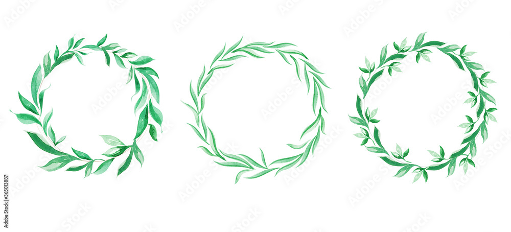 Obraz premium Set of watercolor wreath made of leaves.Watercolor green leaves wreath leaf boarder simple leafy hand painted. Wedding design. Botanical boarder