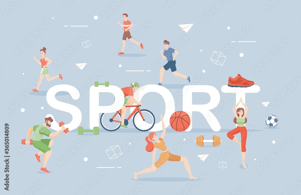 Sport word banner template. Young people in sports clothes doing sport activities vector flat illustration. Men and women ride a bike, running, doing workout, yoga, pilates, and stretching.