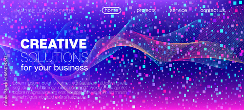 Flying Particles Distressed Purple Vector. Data Analytics Cool Banner. 