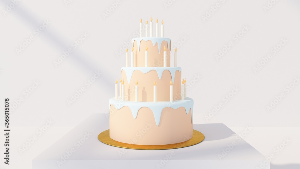 Birthday cake 3d illustration. Cartoon dessert. Tiered cake with candles. Anniversary party. Celebration background. Cute pastel colors.