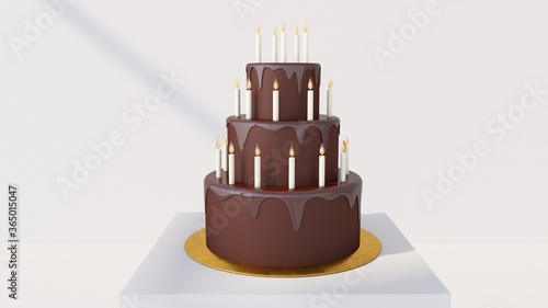 Birthday cake 3d illustration. Cartoon dessert. Tiered cake with candles. Anniversary party. Celebration background. Cute pastel colors.