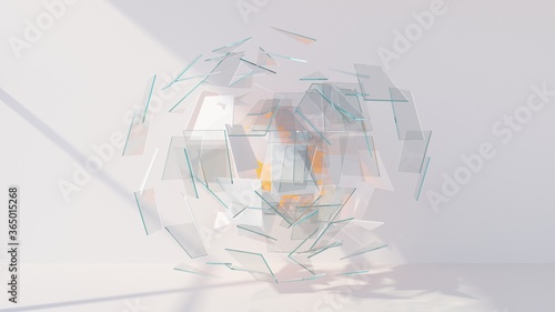 Shattred glass shapes. Abstract 3d illustration. Broken glass colorful sharp pieces. The moment of impact. 3d modern wallpaper. Creative digital design.