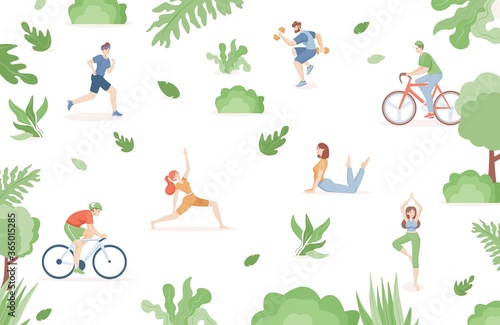 Young people in sports clothes doing sport activities in the park vector flat illustration. Men and women ride a bike, running, doing yoga, pilates, and stretching outdoors. Healthy lifestyle concept.