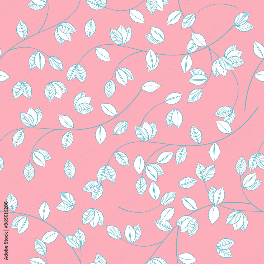 seamless pattern with branches and leaves on pink background.