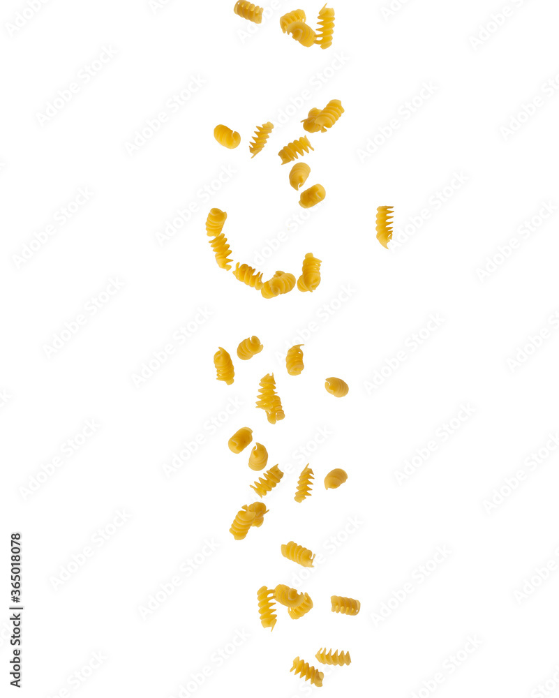 Falling pasta on a white isolated background