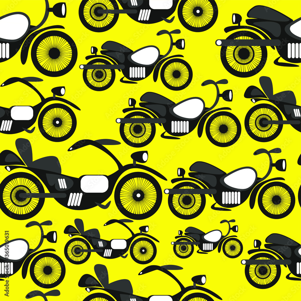 Seamless vector pattern of retro motorcycles on a yellow background.  