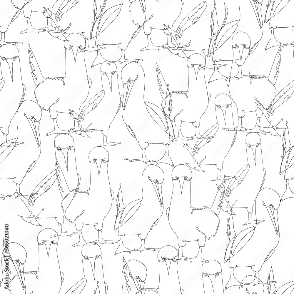 Seamless pattern with Blue-footed booby. One line design silhouette of bird. Hand drawn minimalism style, black lines on a white background. Outline vector illustration.