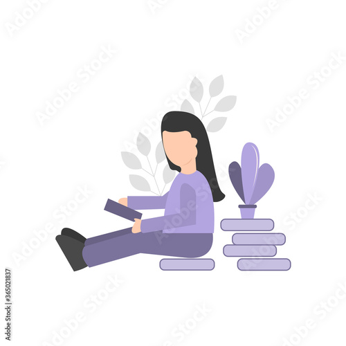 A school girl sitting on the pile of books