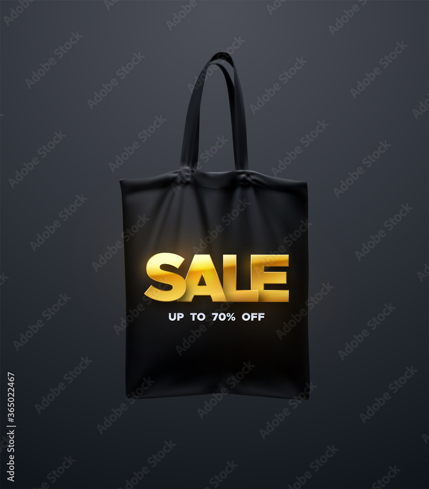 Black tote bag with golden SALE sign. Vector 3d illustration. Reusable textile handbag mockup design. Realistic canvas shopping bag. Design element for sale or discount banners, posters, cards Black tote bag with golden SALE sign. Vector 3d illustration. Reusable textile handbag mockup design. Realistic canvas shopping bag. Design element for sale or discount banners, posters, cards