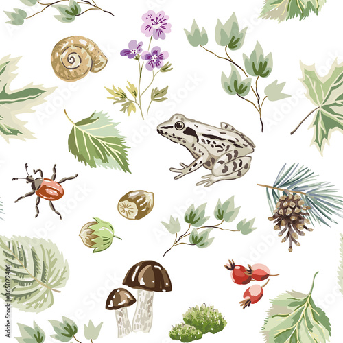 Frog, bug, green ivy, maple, birch leaves, hazel nuts, mushroom, berry, flower, white background. Forest nature design. Seamless pattern. Vector illustration. Woodland plants. Summer season print