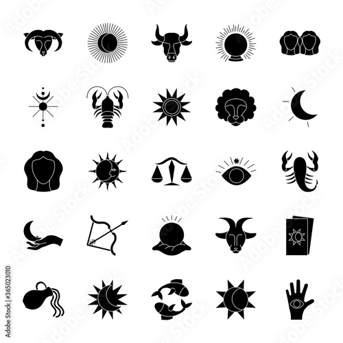 magic ball and astrology icon set, silhouette style