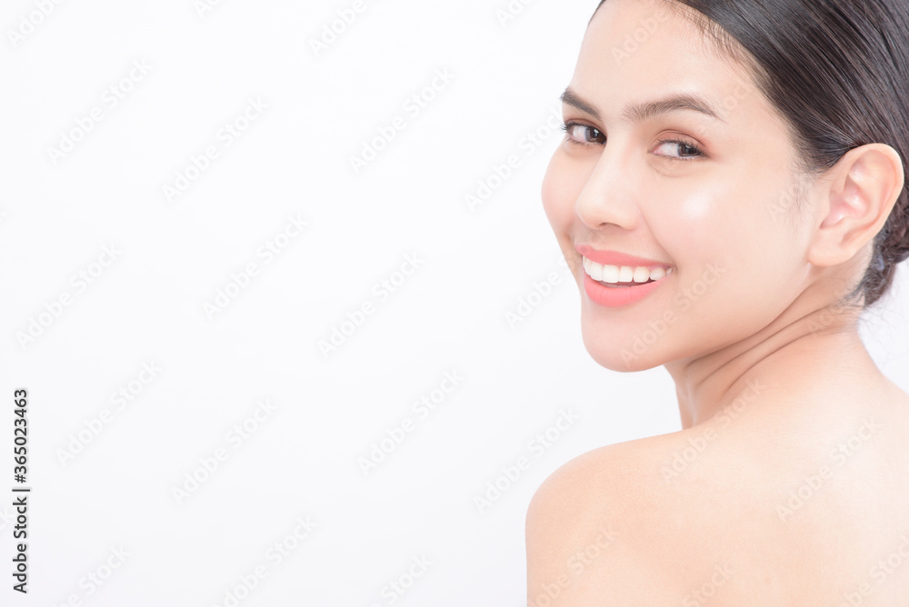 Close up beauty portrait of a young smiling woman isolated over white background studio Close up beauty portrait of a young smiling woman isolated over white background studio