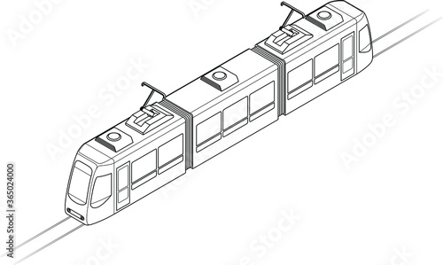 Line drawing of a tram or light rail public transport vehicle. Three-car. Line art.