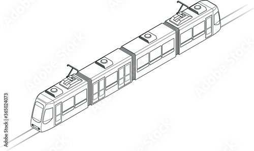 Line drawing of a tram or light rail public transport vehicle. Four-car. Line art.