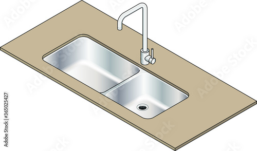 An under-mount double bowl stainless steel kitchen sink with a swivel mixer tap.