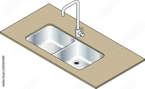 An under-mount double bowl stainless steel kitchen sink with a swivel mixer tap.