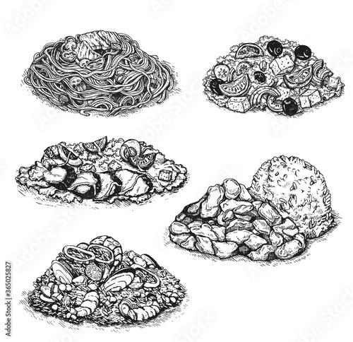 European Mediterranean food cuisine illustration.Sketch Greek salad,seafood paella,pasta,rice and chicken.Food menu,cafe and restaurants.