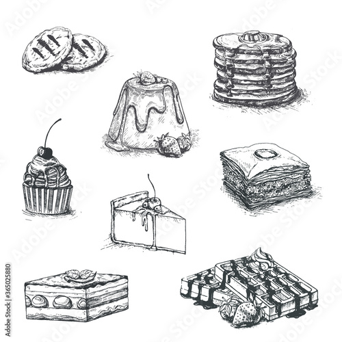Desserts set. Vector illustration. Cakes, biscuits, baking, cookies, pastries, eclair, muffin, cheese cake, waffles, donuts, croissant, meringue hand drawing on white background. Food vintage style.