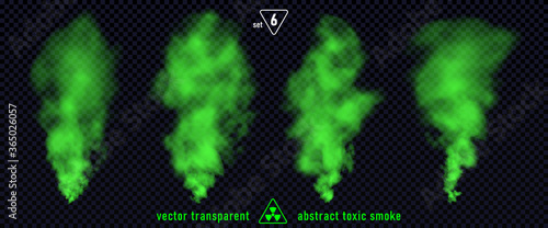 Green smoke set 6 isolated on transparent background. Magic mist cloud, chemical toxic gas, steam waves, realistic set of green bad smell. Realistic illustration. Vector.