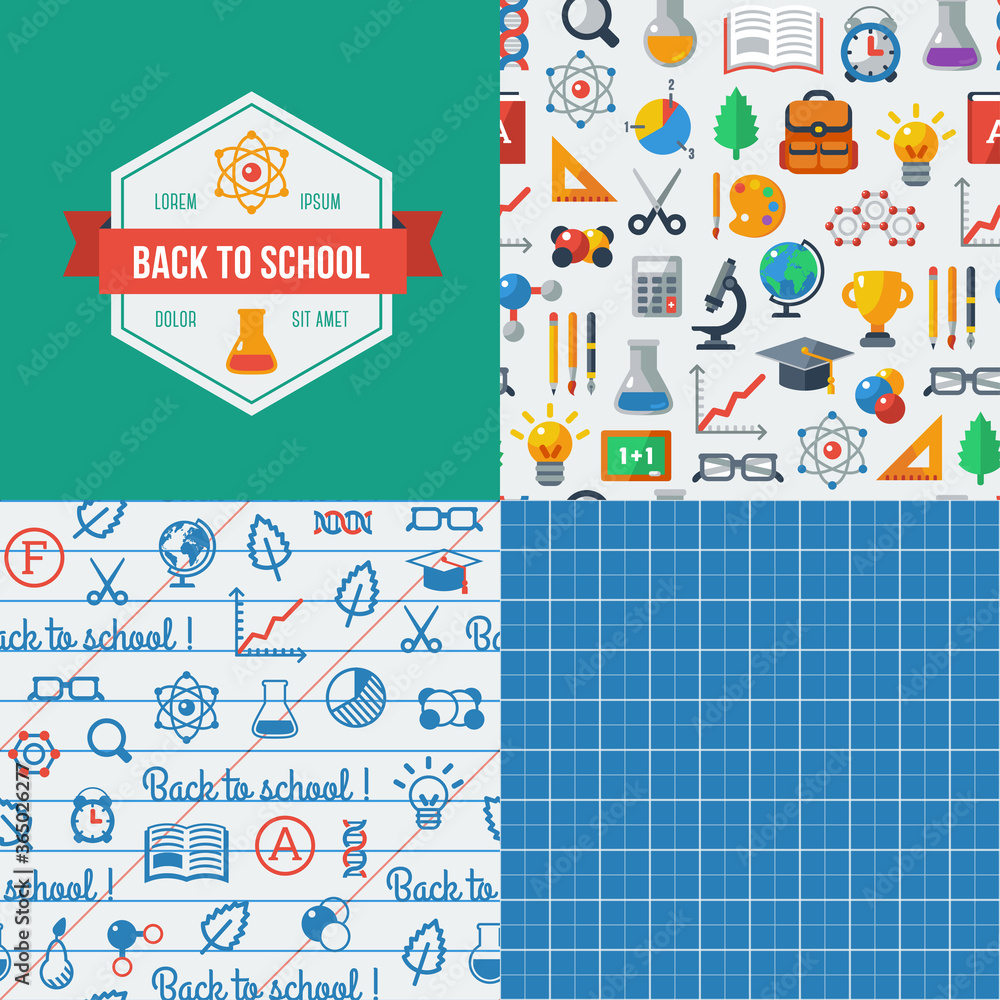 Back to School Label. Vector illustration. Paper Graph Grid seamless pattern. School supplies. Education background.