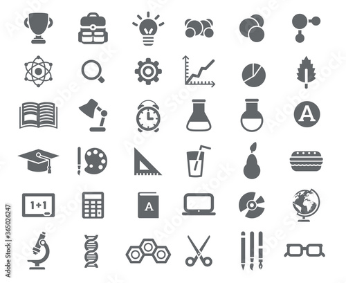 Flat School Icons Vector Collection. High School Object and College Education Items with Teaching and Learning Symbols. Studying and Educational Elements. Back to School.