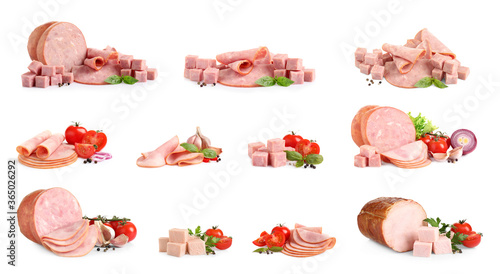 Set of tasty hams on white background. Banner design