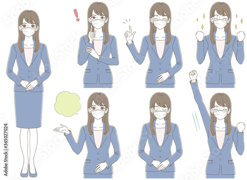 手描き風 ポジティブなマスクをつけてスーツを着た女性のビジネスイラストセット Stock Vector Adobe Stock