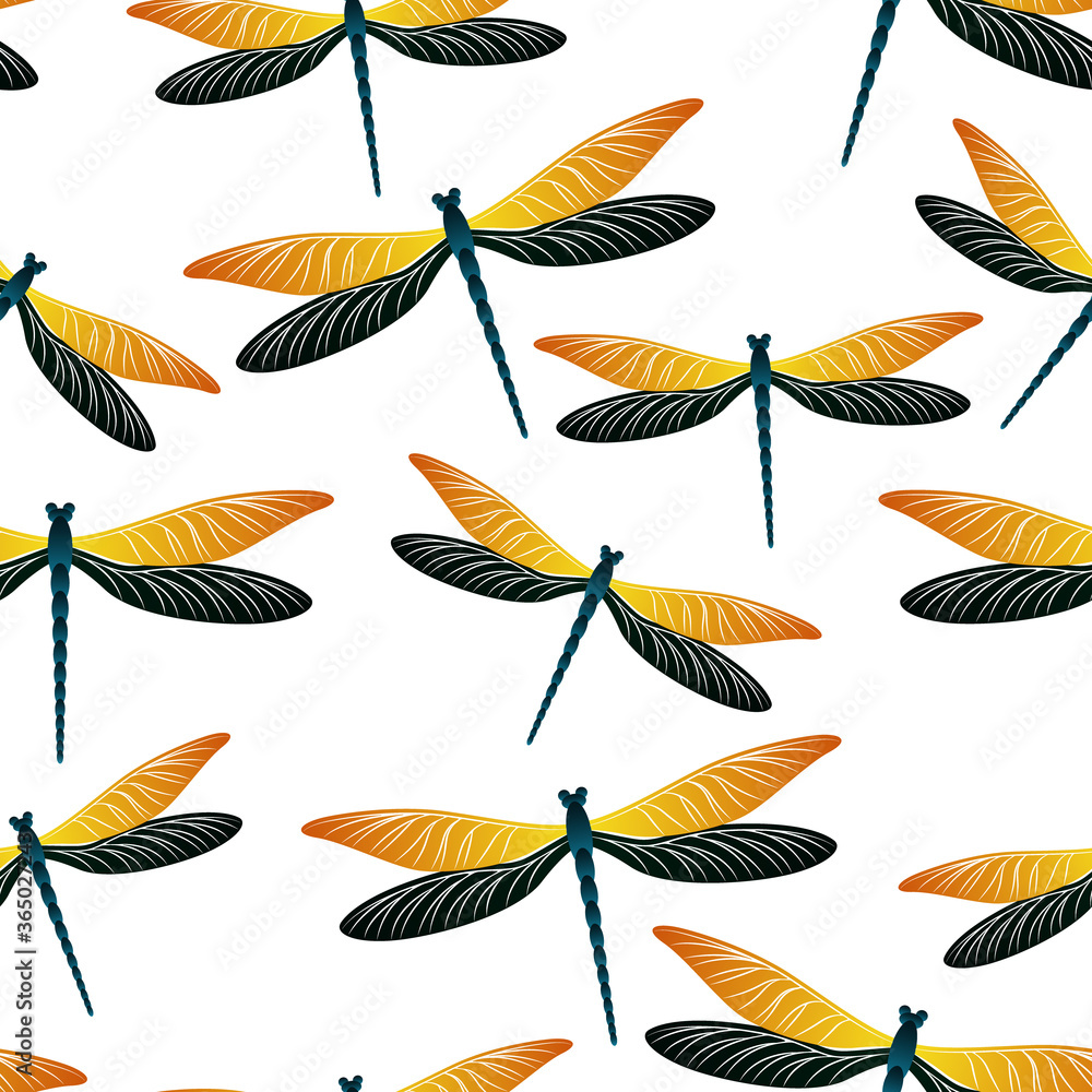 Dragonfly flat seamless pattern. Repeating clothes fabric print with darning-needle insects. Garden 